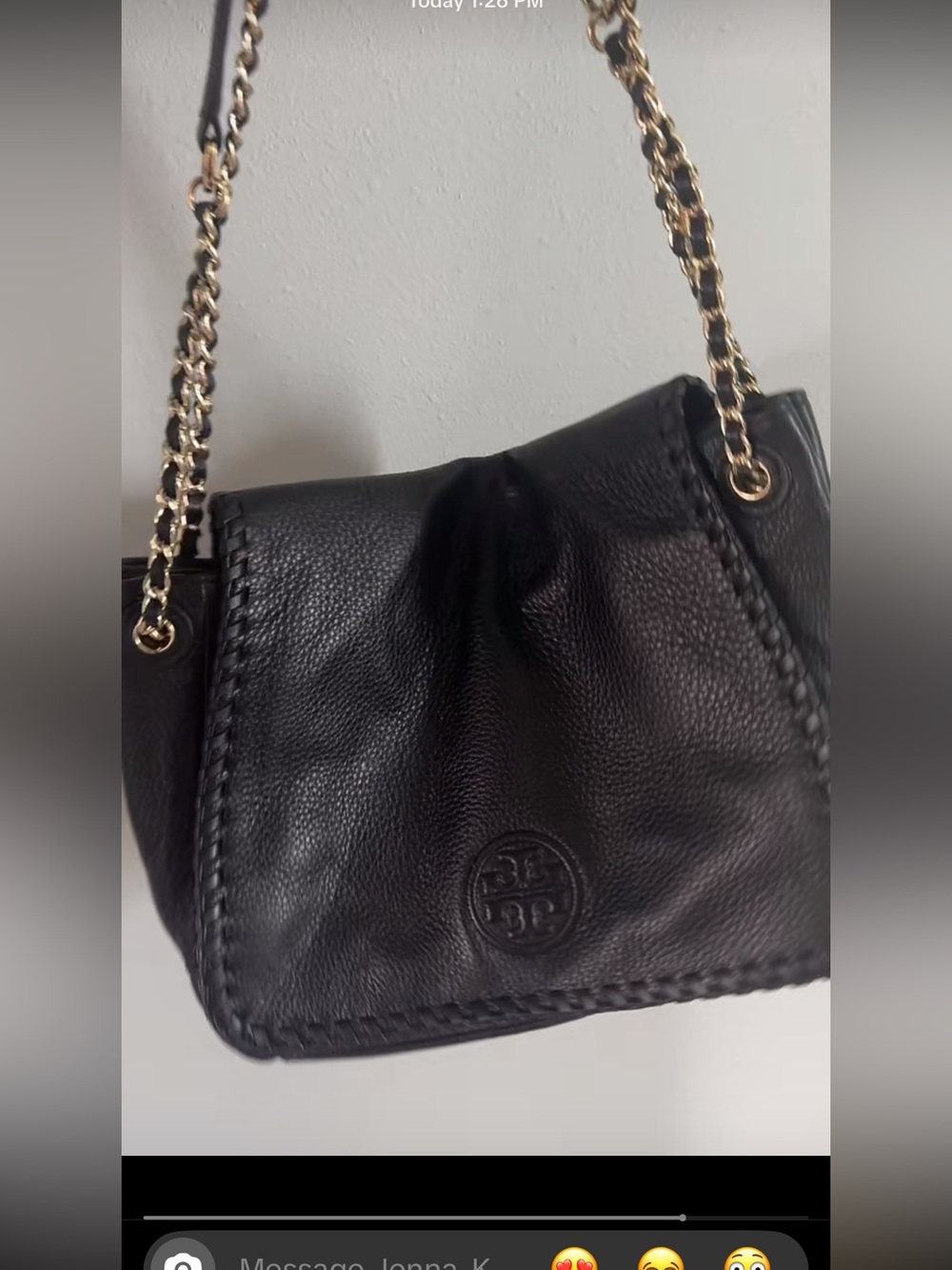 Tory Burch Black Leather Shoulder/Messenger Bag with Gold Chain